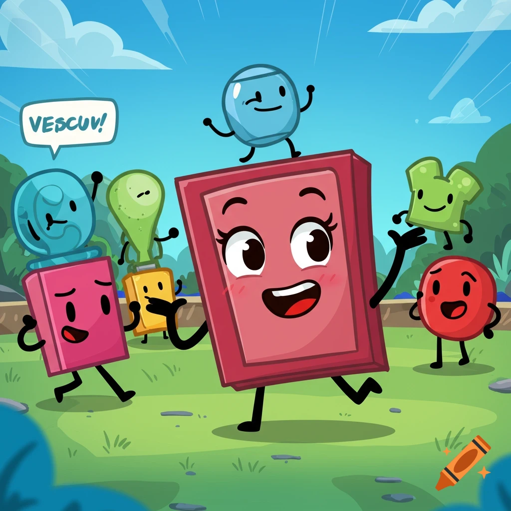 A cartoon group of anthropomorphic objects, in the style of an object show, playing outdoors on a sunny day.