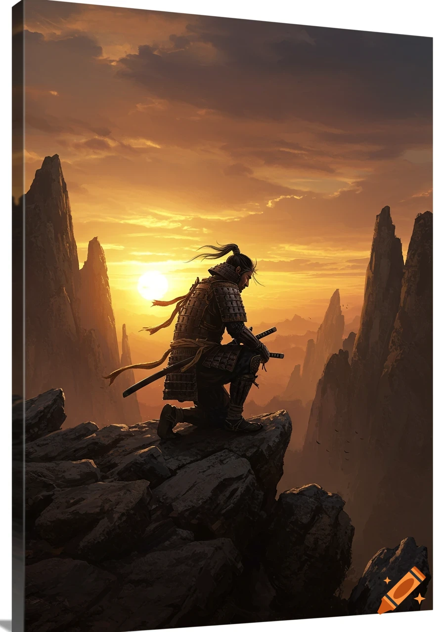 A samurai in armor kneels on a rocky mountain peak at sunset, an epic oil painting.