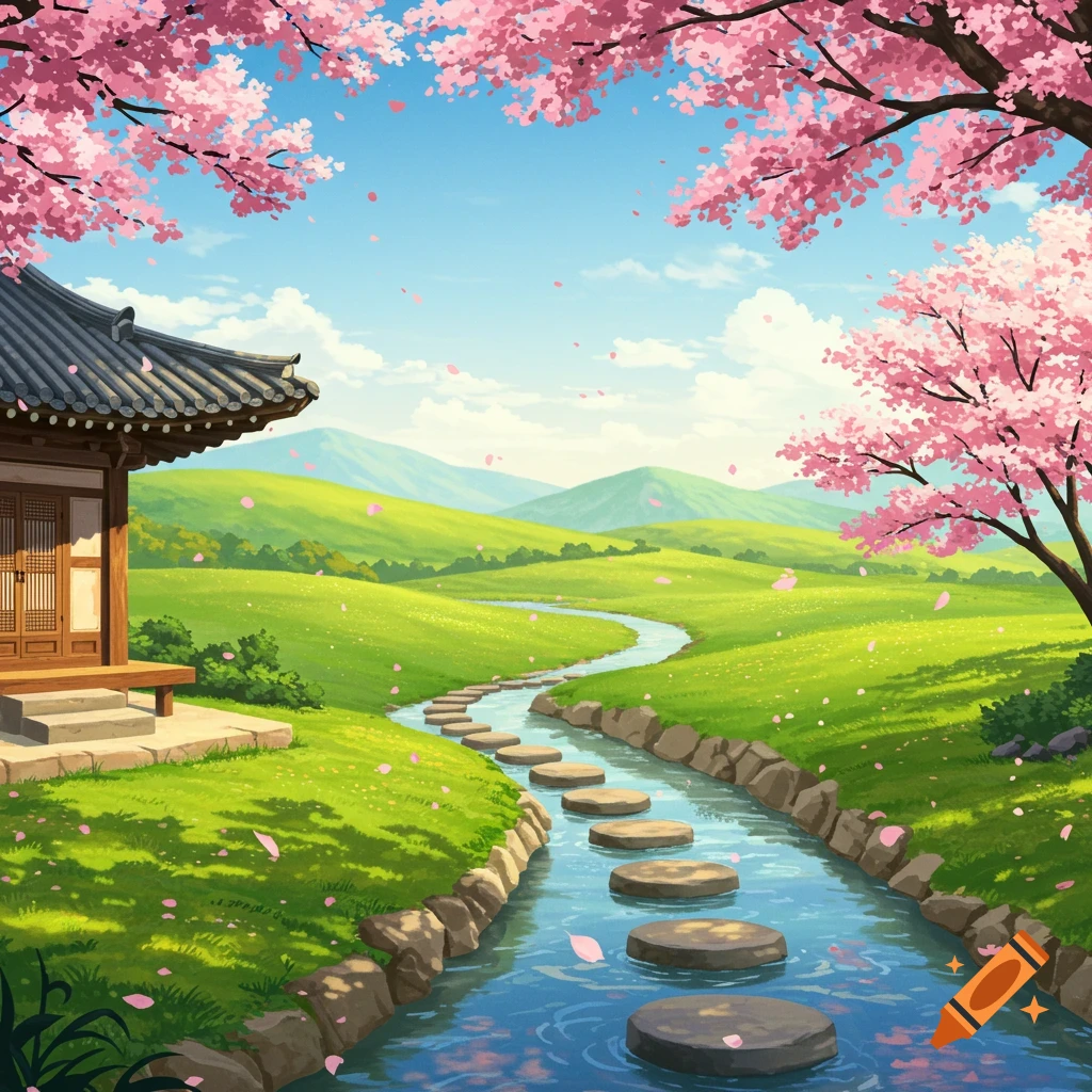 Anime-style landscape of a traditional Korean house, a stream with stepping stones, green hills, and pink cherry blossoms.