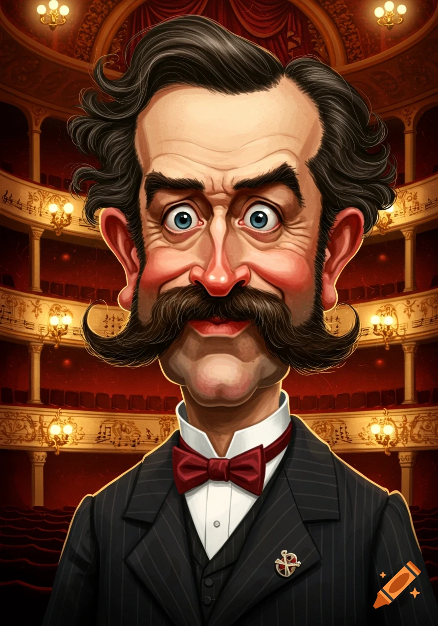 Stylized caricature of a wide-eyed man with a large mustache and dark hair, wearing a pinstripe suit and bow tie, in an ornate opera house.