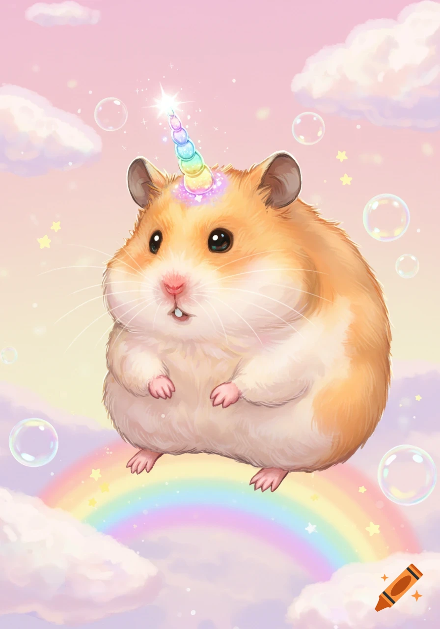 A cute hamster with a rainbow unicorn horn sits on a rainbow surrounded by clouds and bubbles in a whimsical, pastel illustration.