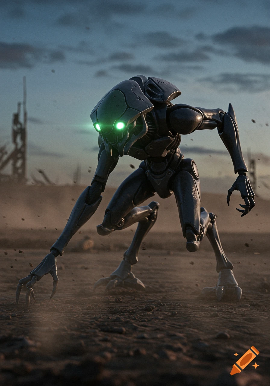 Photorealistic image of a metallic alien-like robot scout with glowing green eyes, crouching in a dusty, desolate landscape.