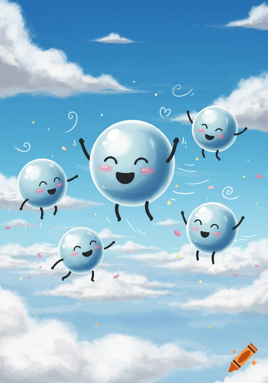 Five cute cartoon laughing bubble-like atoms floating happily in a blue sky with white clouds.