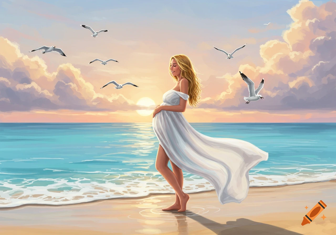 A smiling pregnant woman in a white flowing dress stands on a beach at sunset with seagulls flying overhead, in a painting style.