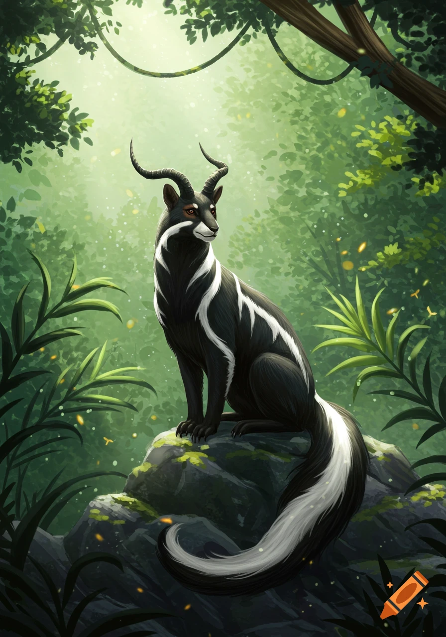 A black and white horned fantasy creature sits confidently on a mossy rock in a vibrant, sun-dappled jungle.