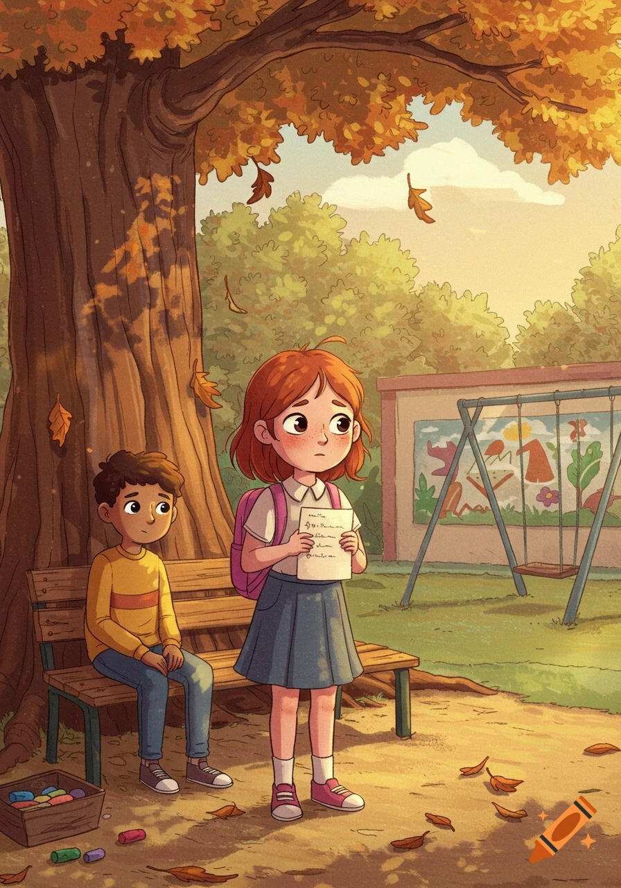 A worried cartoon girl holds a paper while a boy sits on a bench under a large autumn tree in a schoolyard.