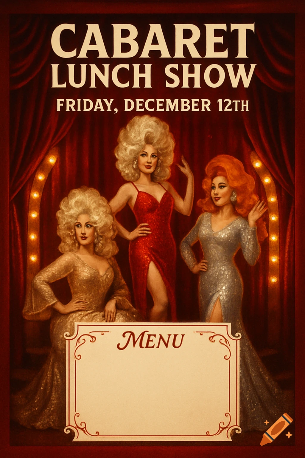 Retro cabaret poster with three drag queens in sparkly dresses on a red stage for a 'Cabaret Lunch Show' on 'Friday, December 12th'.