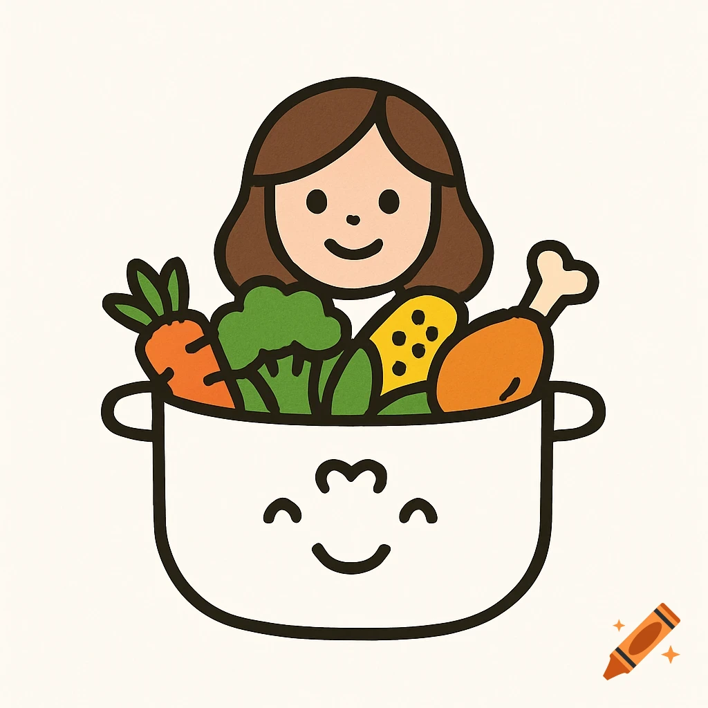 Cartoon illustration of a smiling mother behind a cooking pot filled with vegetables, corn, and a chicken drumstick.