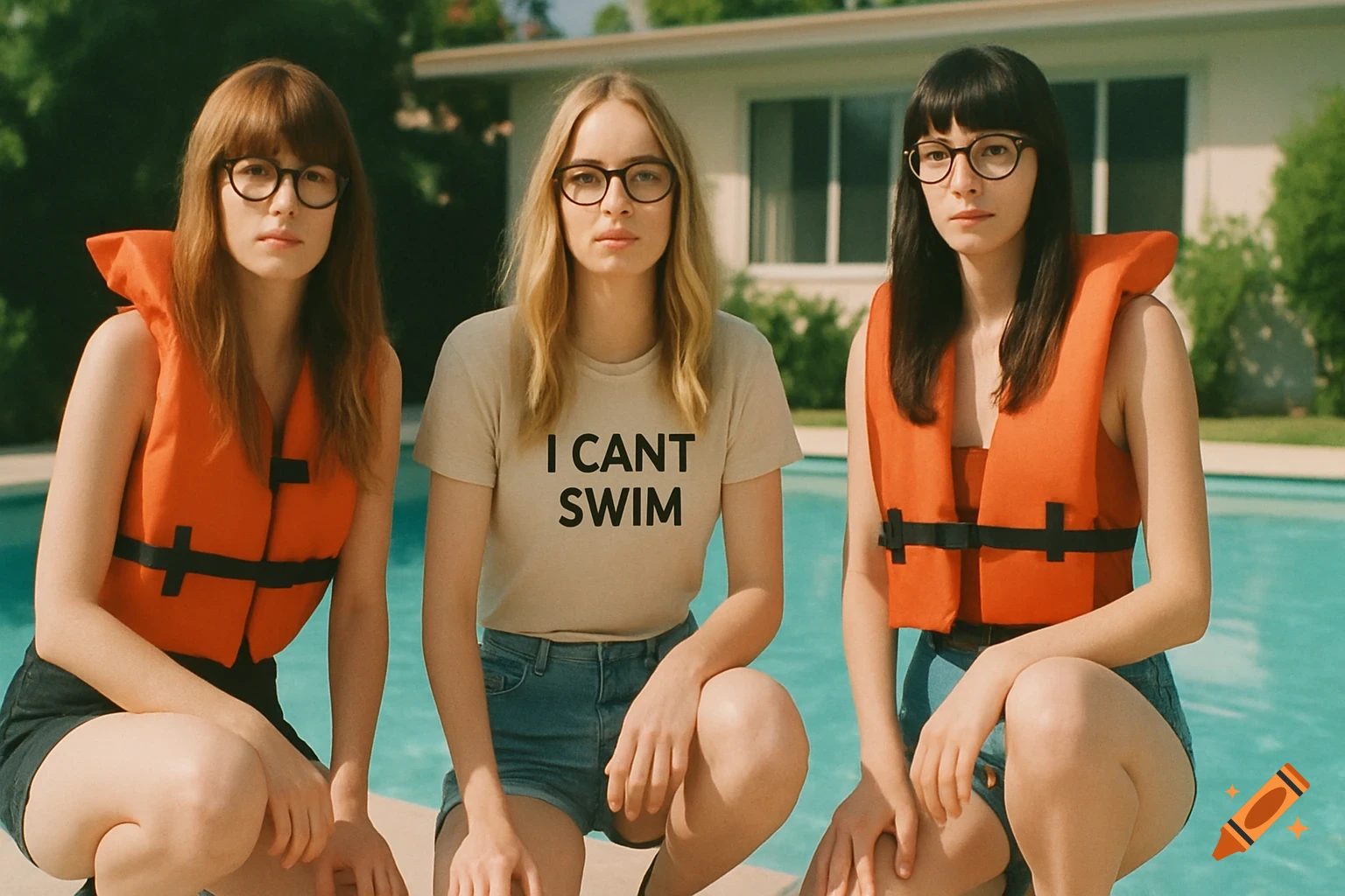 Three women in lifejackets and a t-shirt saying "I CAN'T SWIM" squatting by a pool, photorealistic.