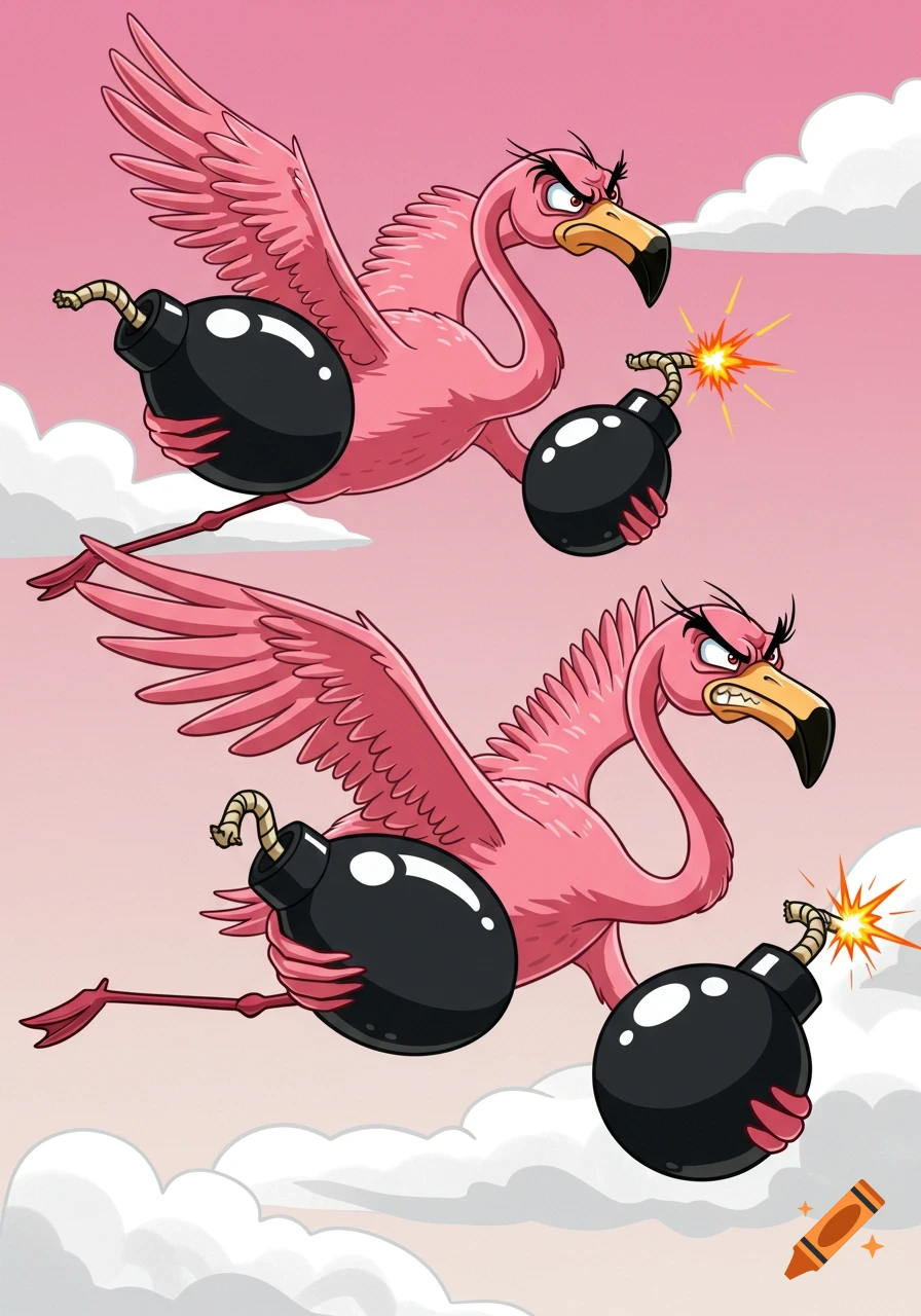 Two angry cartoon flamingos fly across a pink sky, each carrying two bombs, one with a sparking fuse.