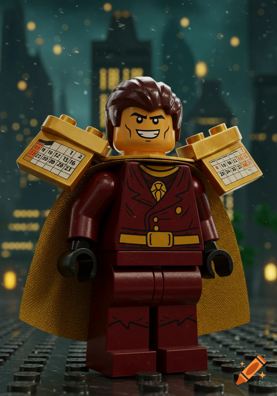 A LEGO supervillain named Agenda in a maroon suit, golden cape, and calendar shoulder pads, standing in a city.