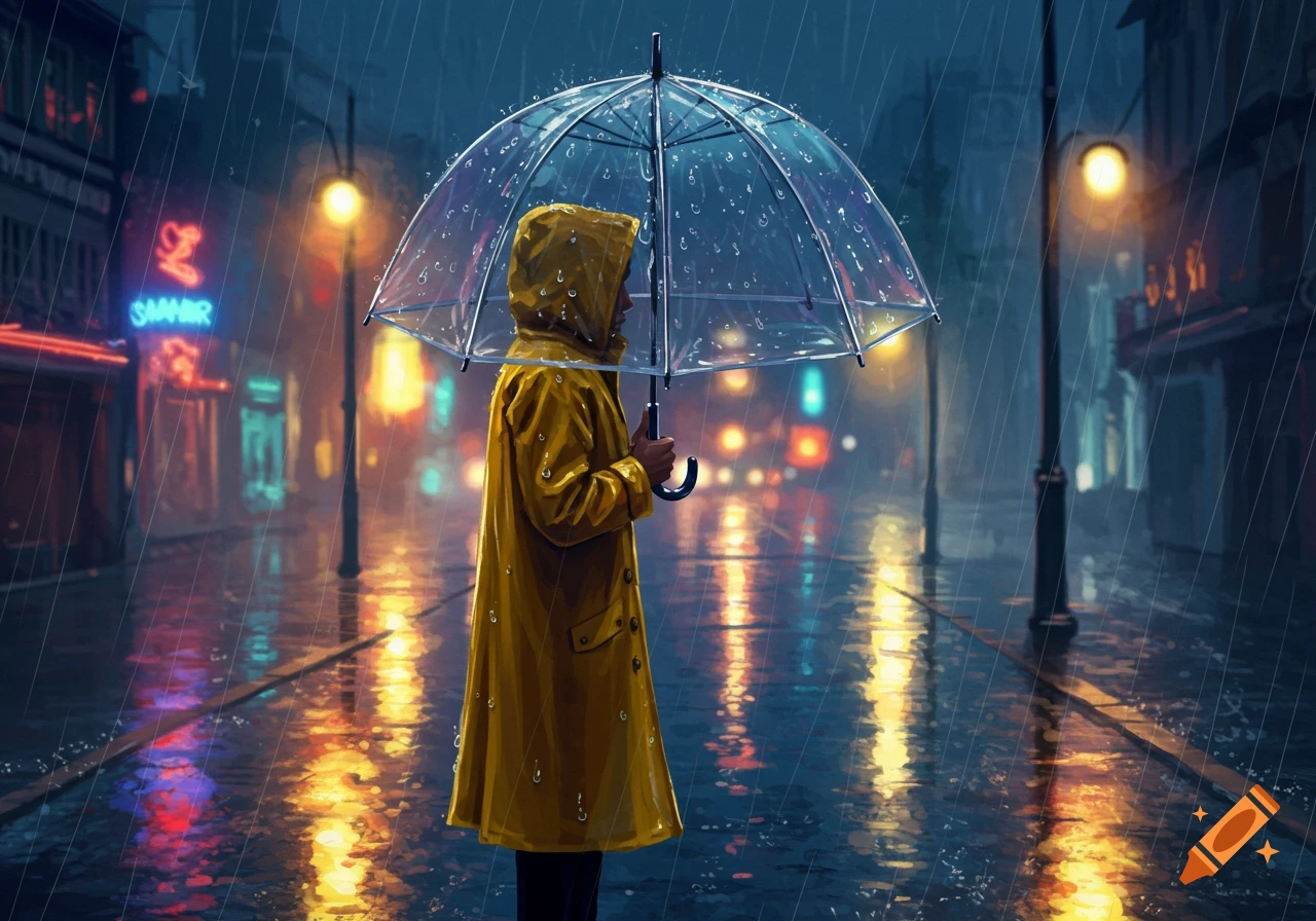 Person in yellow raincoat holds a clear umbrella on a rainy city street at night, illuminated by neon lights.