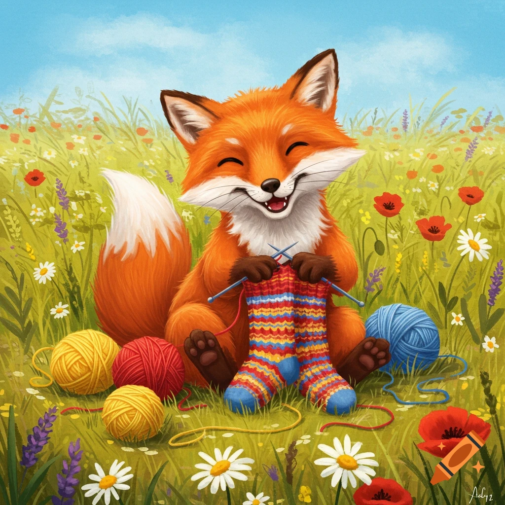 A happy cartoon fox with closed eyes sits in a sunny meadow, knitting colorful socks. Yarn balls and flowers surround it.
