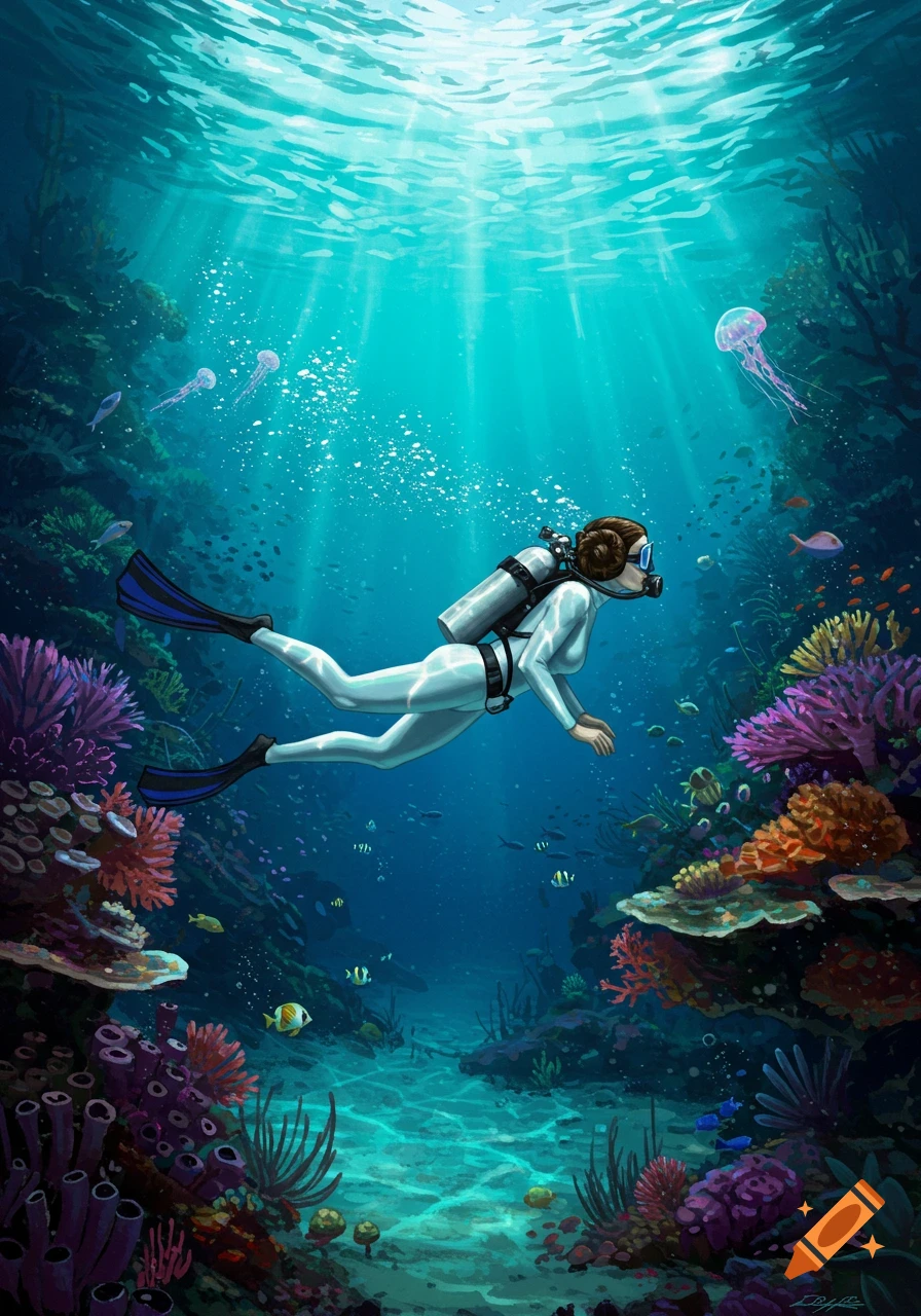 A female diver in a white wetsuit explores a colorful coral reef with fish and jellyfish under clear blue water and sun rays. Digital art.