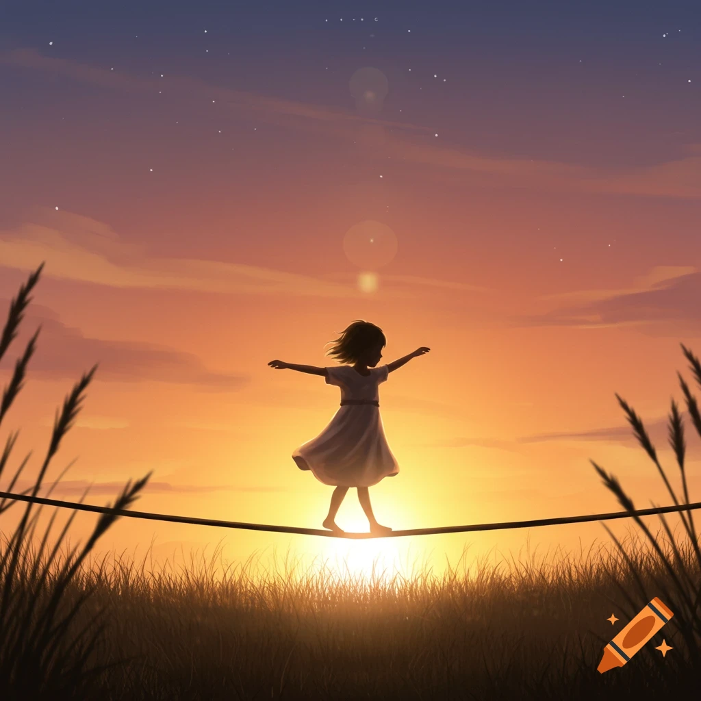Illustrative silhouette of a child balancing on a tightrope over grass, set against a vibrant sunset sky.