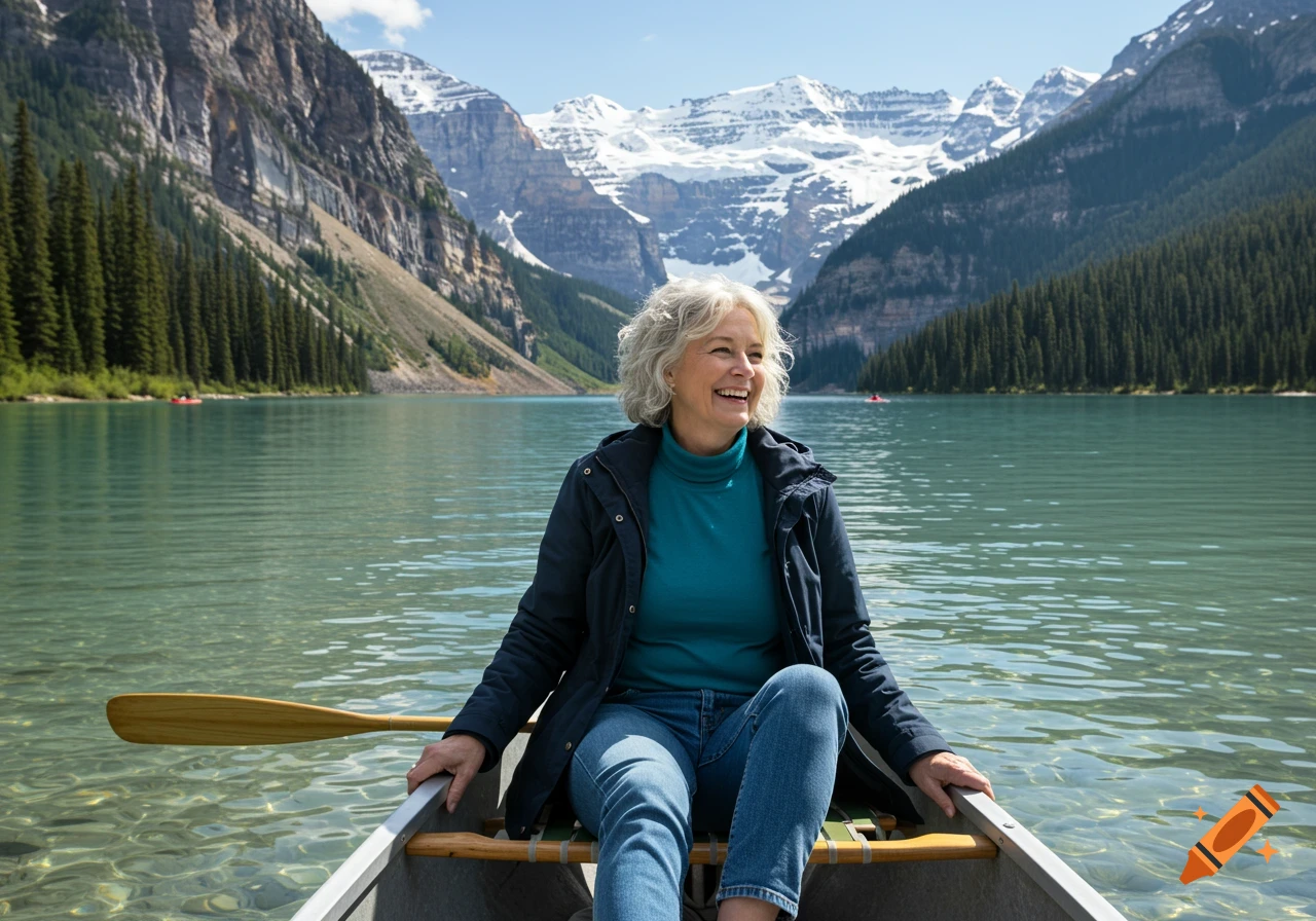 A happy older woman in a blue parka and jeans sits in a canoe on a lake, with snow-capped mountains in the background.