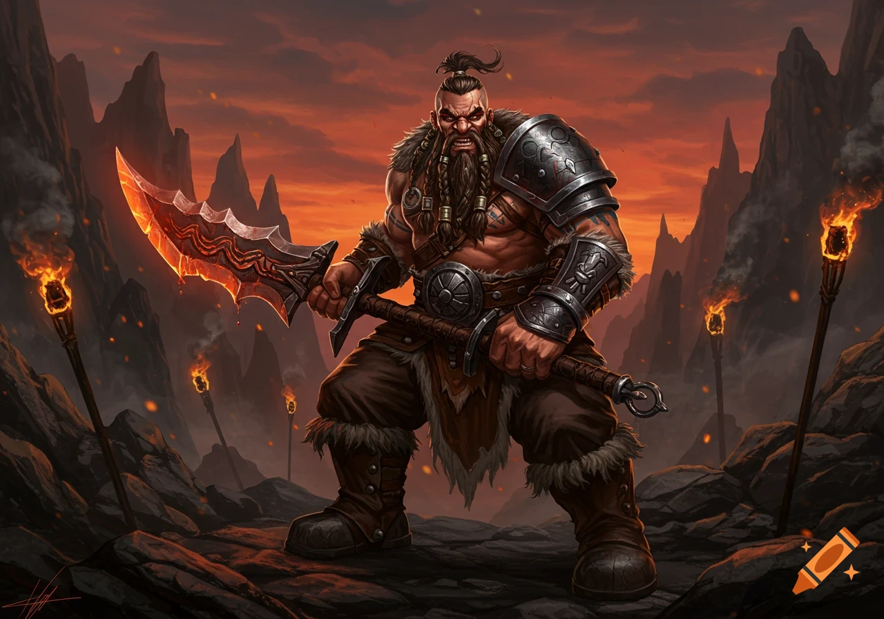 A powerful dwarf barbarian with a braided beard, armor, and mohawk wields a glowing flamberge sword in a fiery, rocky landscape, digital illustration.