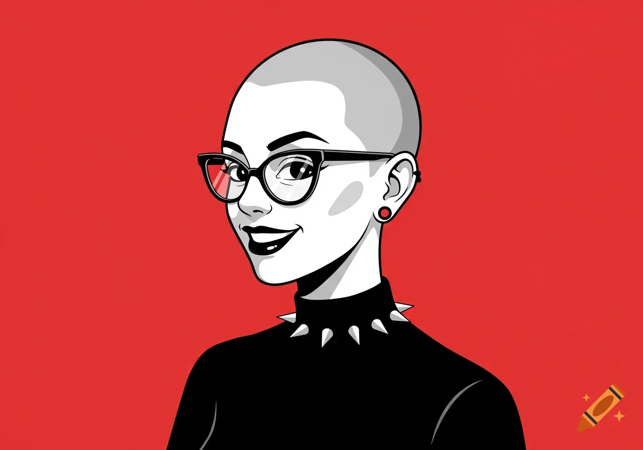 A bald woman in cat-eye glasses and a spiked collar smiles. The illustration is black, white, and red.