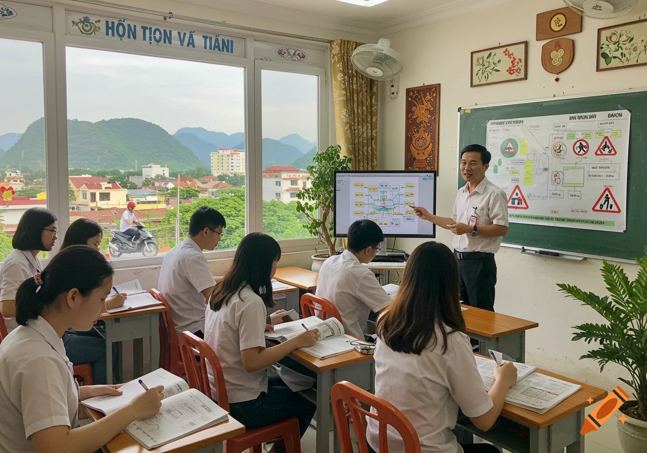 A teacher points at a whiteboard with traffic signs in a classroom with Vietnamese students, overlooking a town with mountains.