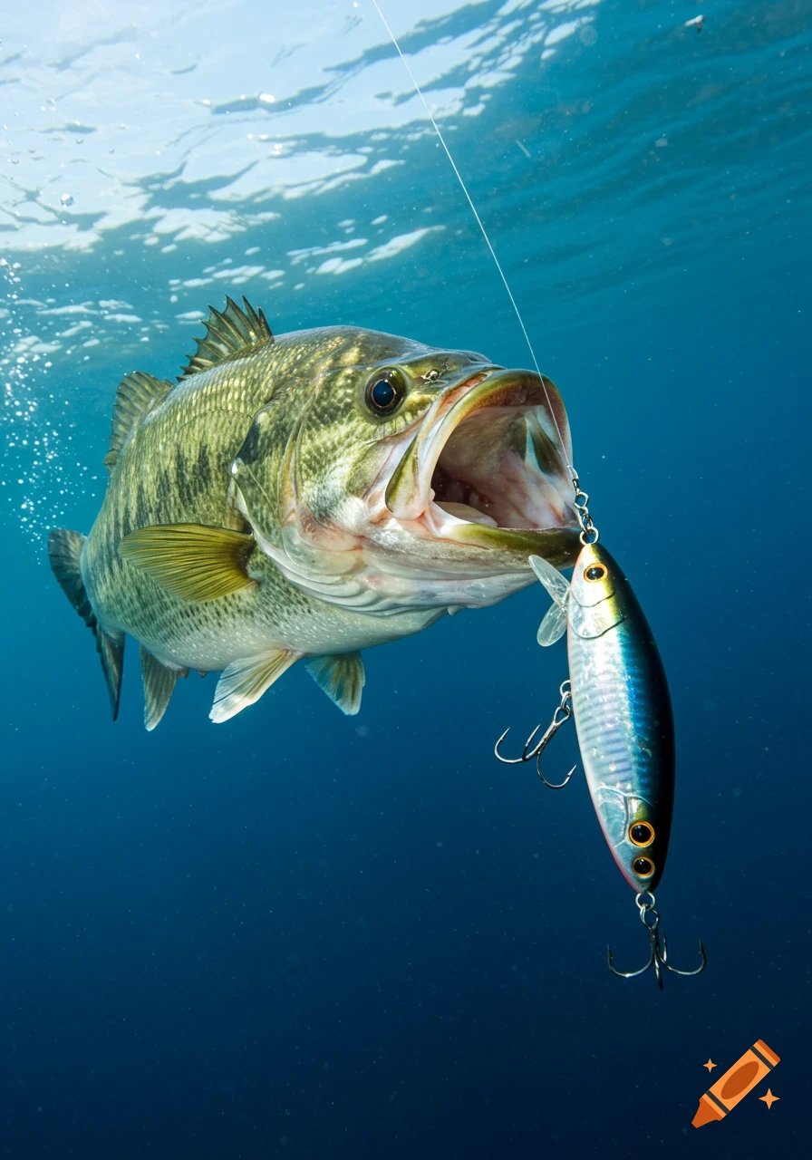 Photorealistic largemouth bass underwater with its mouth wide open, attacking a metallic fishing lure with visible hooks.