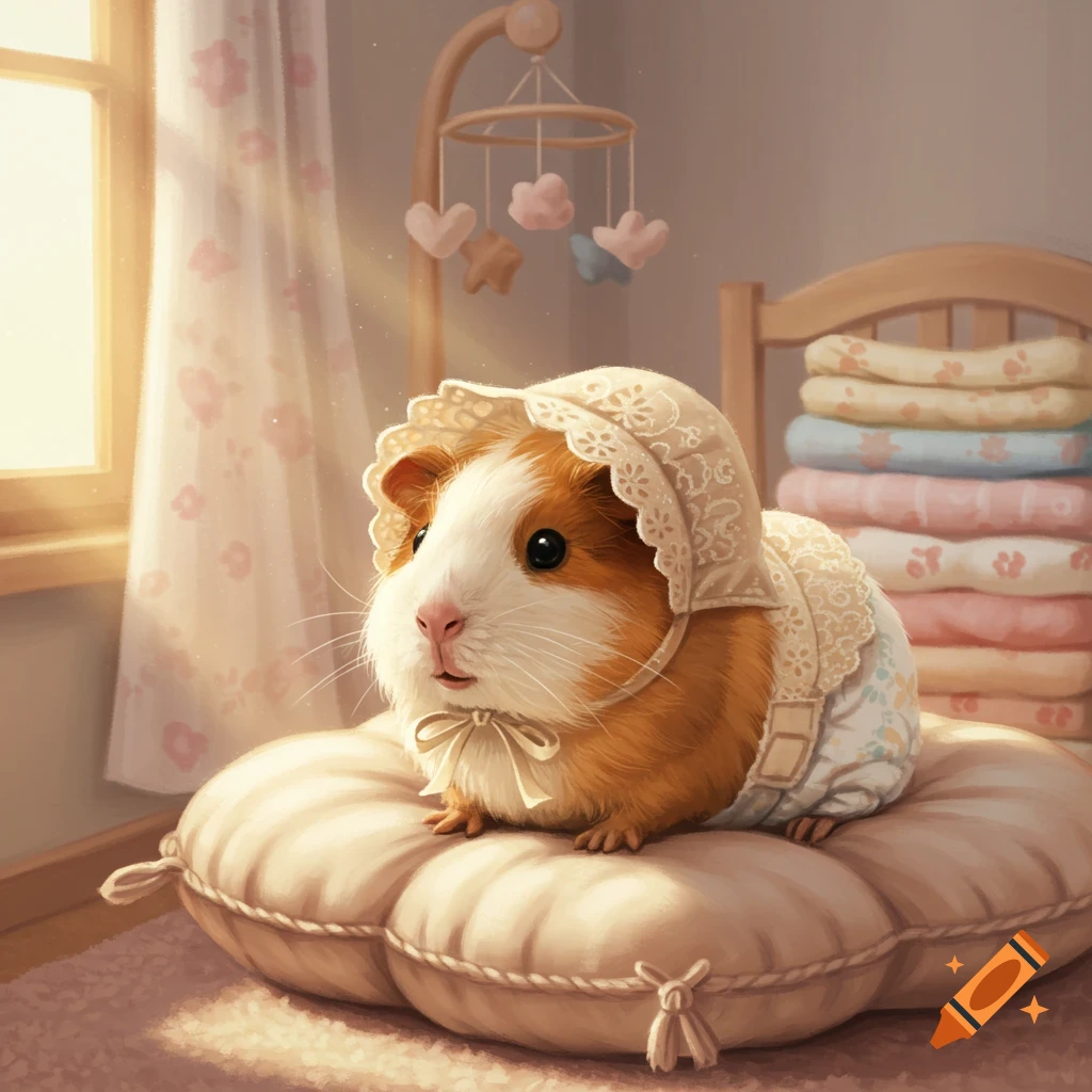 A baby guinea pig in a white lace bonnet and diaper sits on a plush pillow in a sunlit nursery.