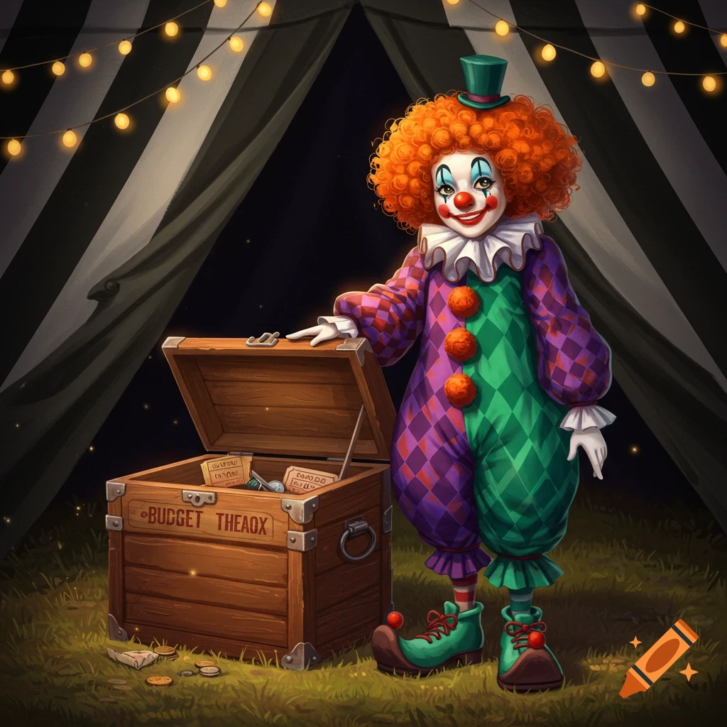 A female clown with orange curly hair and a colorful harlequin outfit stands next to an open wooden budget chest under circus tent lights at night.