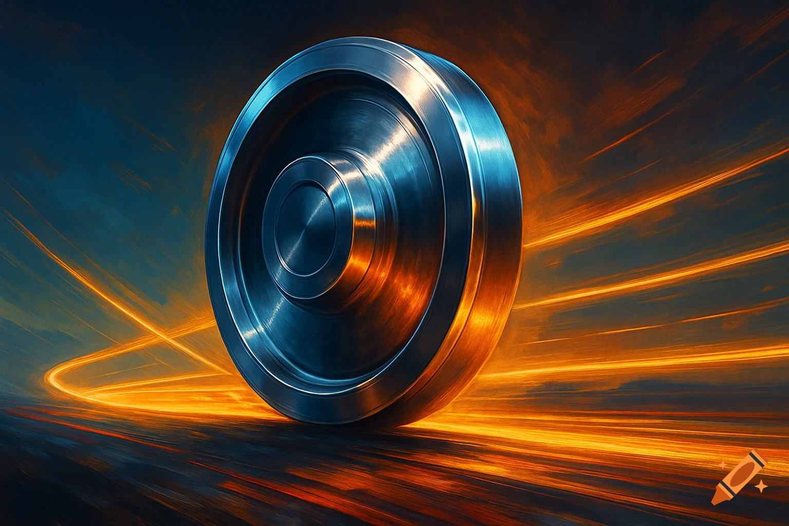 Close-up of a futuristic metallic wheel speeding with dynamic orange light trails.
