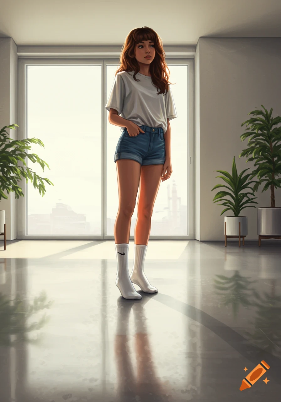 Digital illustration of a young woman in a white t-shirt, denim shorts, and white Nike socks, standing in a bright room.