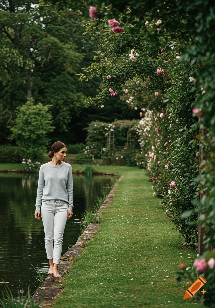 A woman in a grey sweater and white jeans stands barefoot by a pond, a rose garden path to her right.