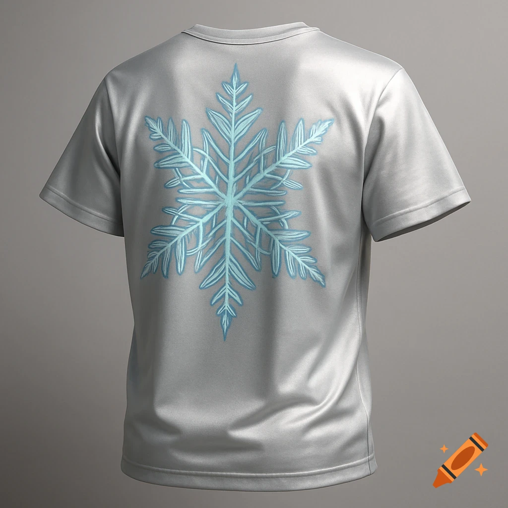Back of a silver t-shirt with a glowing blue snowflake design. Plain grey background.