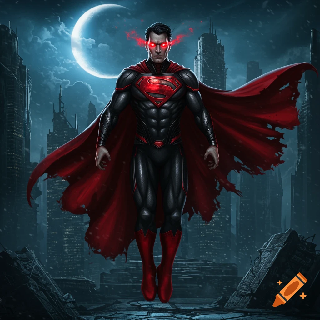 An evil Superman-like figure in a black and red suit with glowing red eyes hovers over a ruined city under a crescent moon.