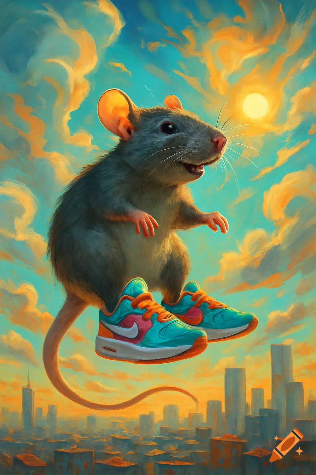 A gray rat wearing bright turquoise, pink, and orange sneakers flies high above a hazy city skyline under a vibrant orange and blue sky with fluffy clouds and a yellow sun in a digital painting style.