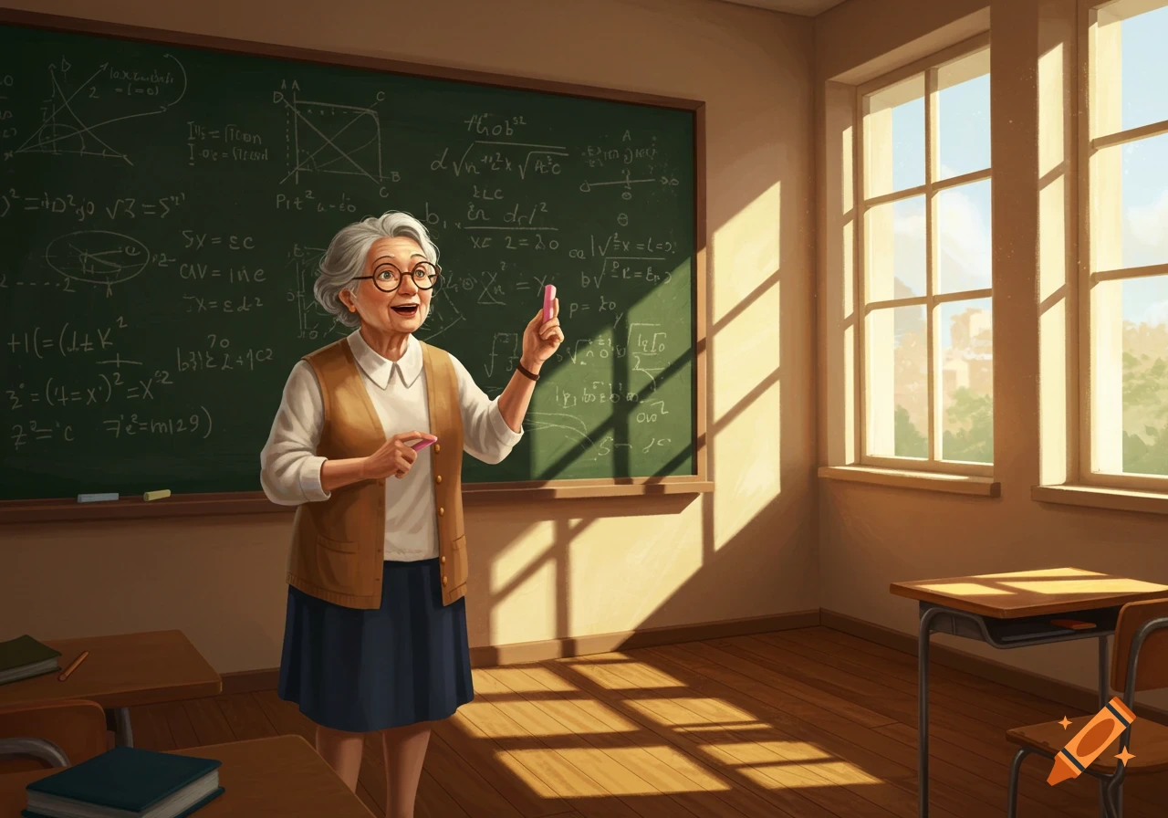 An elderly female teacher with gray hair and glasses stands in a classroom, holding chalk in front of a blackboard filled with math equations. Sunlight streams through windows.