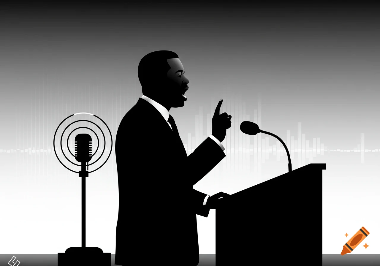 A minimalist black and white illustration of a man giving a speech at a podium with a microphone, against a grey background with sound waves.