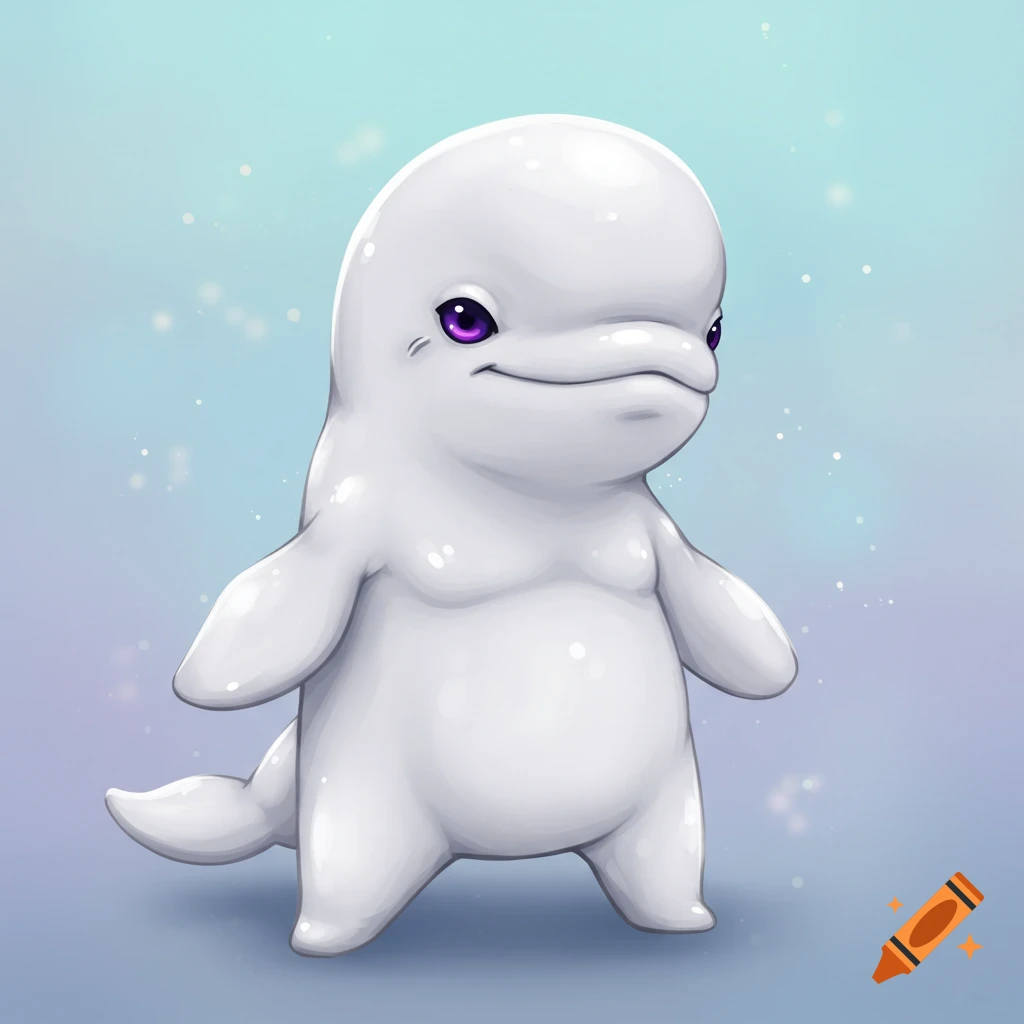 A cute, white, humanoid chibi beluga whale with purple eyes stands with a slightly aggressive expression in a cartoon style.