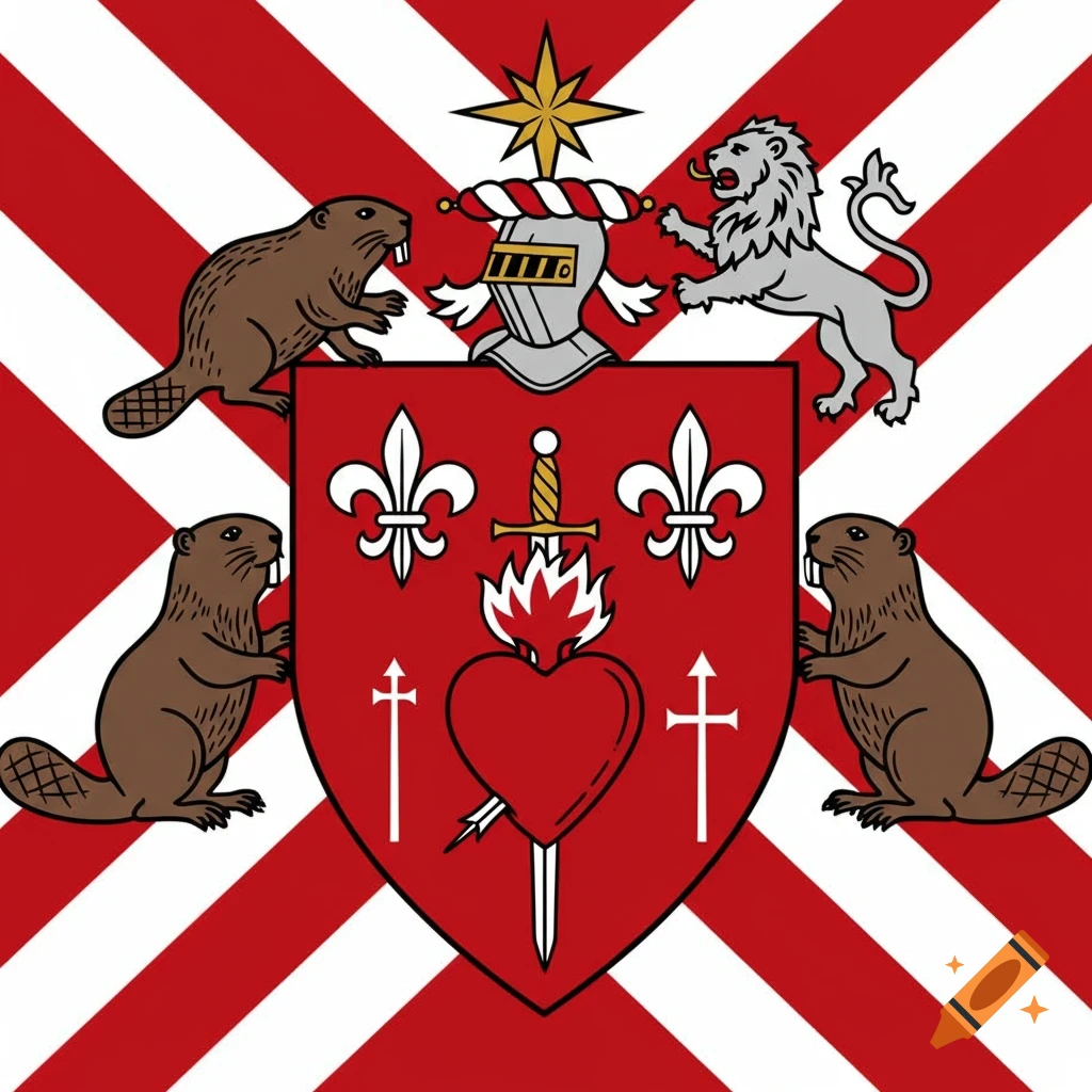 Minimal collegiate crest: red shield, flaming heart with sword, fleur-de-lis, crosses, beavers, lion, helmet, star, red/white stripes.