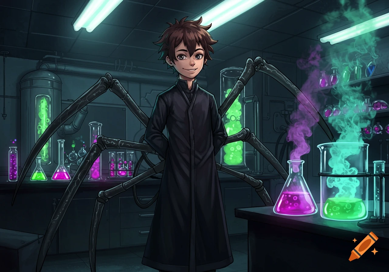 Anime-style boy with robotic spider legs and a lab coat smiles in a chemistry lab with colorful bubbling liquids.