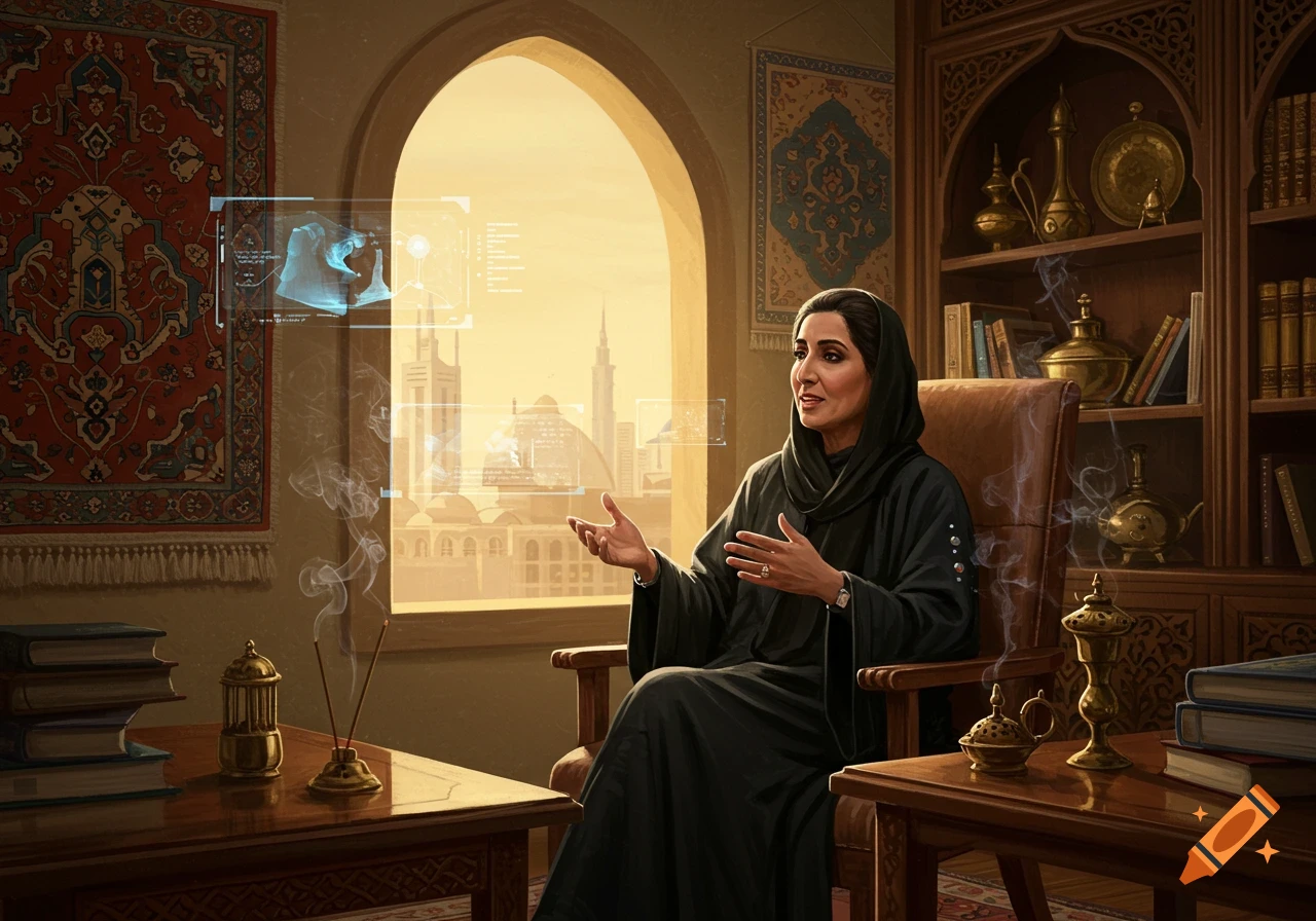 A woman in a black abaya and hijab sits in a traditional Middle Eastern office, gesturing towards floating holographic screens displaying data. A cityscape is visible through an arched window.