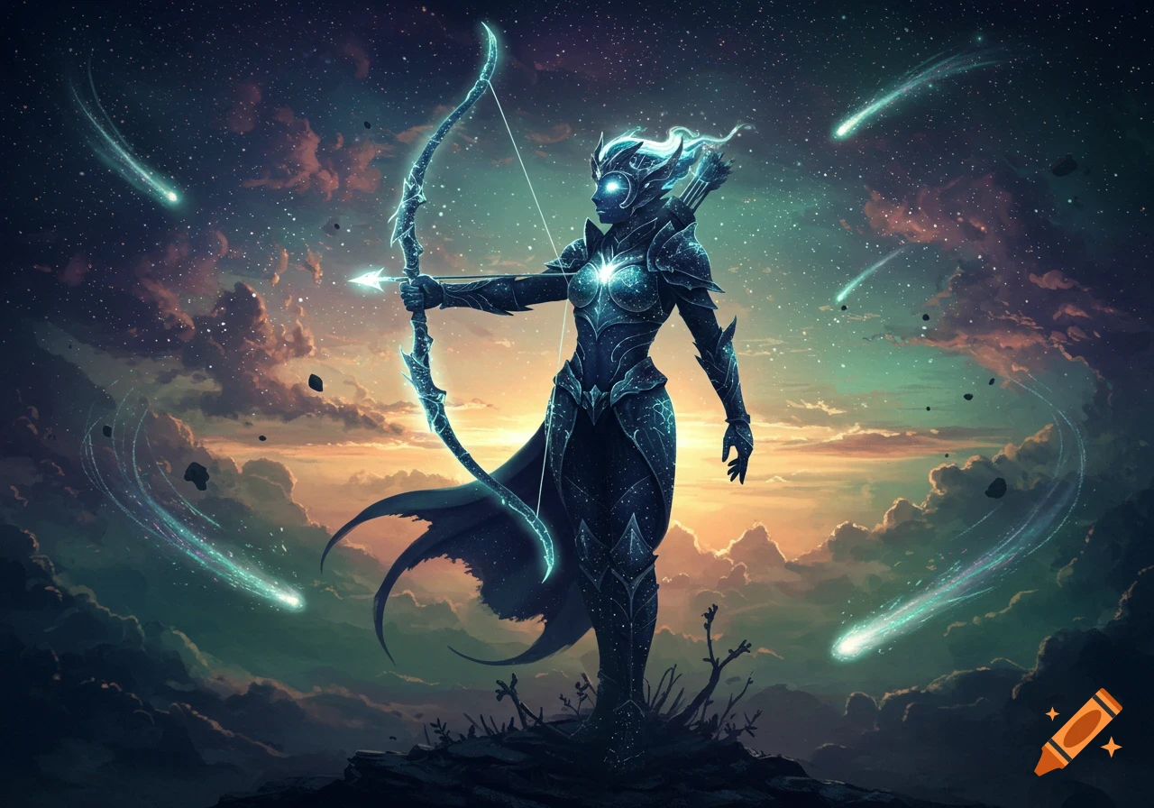 An armored celestial woman archer stands on a rocky outcrop under a starry sky with glowing meteors and clouds.