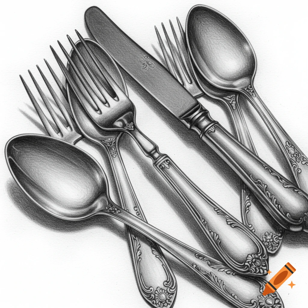 A detailed pencil drawing of a pile of ornate silver cutlery, including forks, spoons, and a knife, casting soft shadows on a white background.