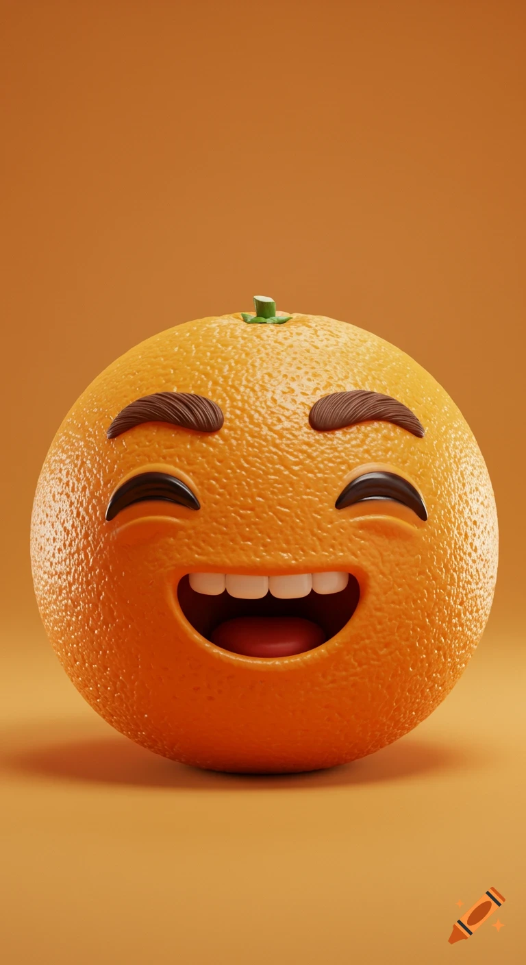 A happy 3D cartoon orange with a smiling face, eyes, and eyebrows on an orange background.