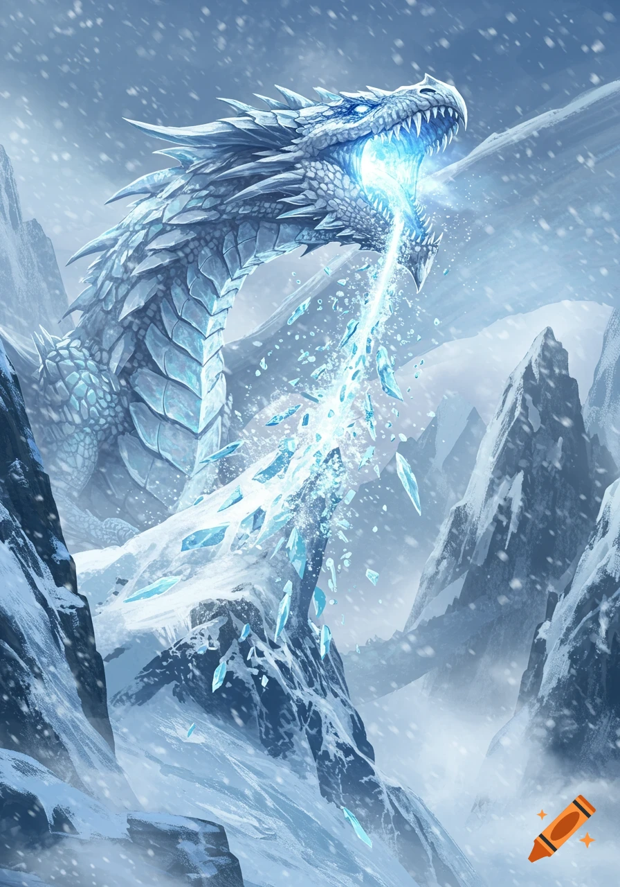 A detailed fantasy illustration of a majestic white ice dragon breathing blue ice shards in a snowy mountain blizzard.