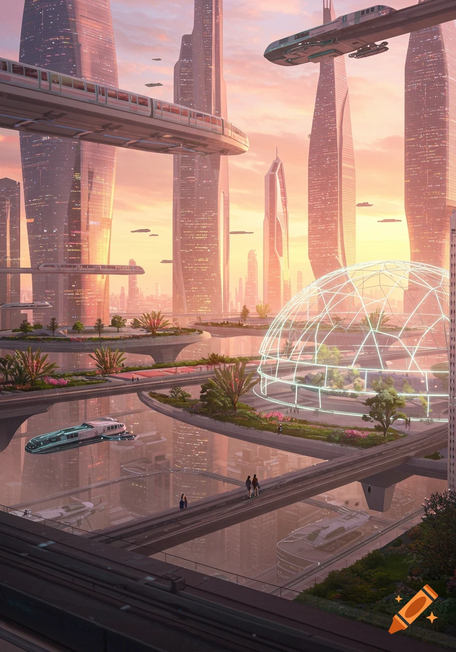 A vibrant futuristic cityscape at sunrise with towering skyscrapers, elevated monorails, flying vehicles, and lush green areas.