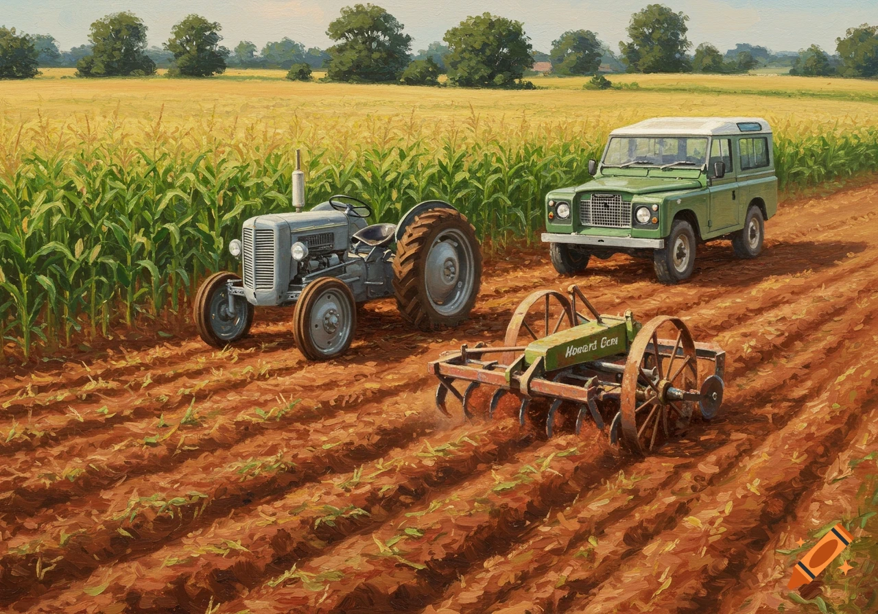 Painting of a grey tractor, green Land Rover, and Howard Gem rotary hoe in a red tilled field with a cornfield and trees in the background.