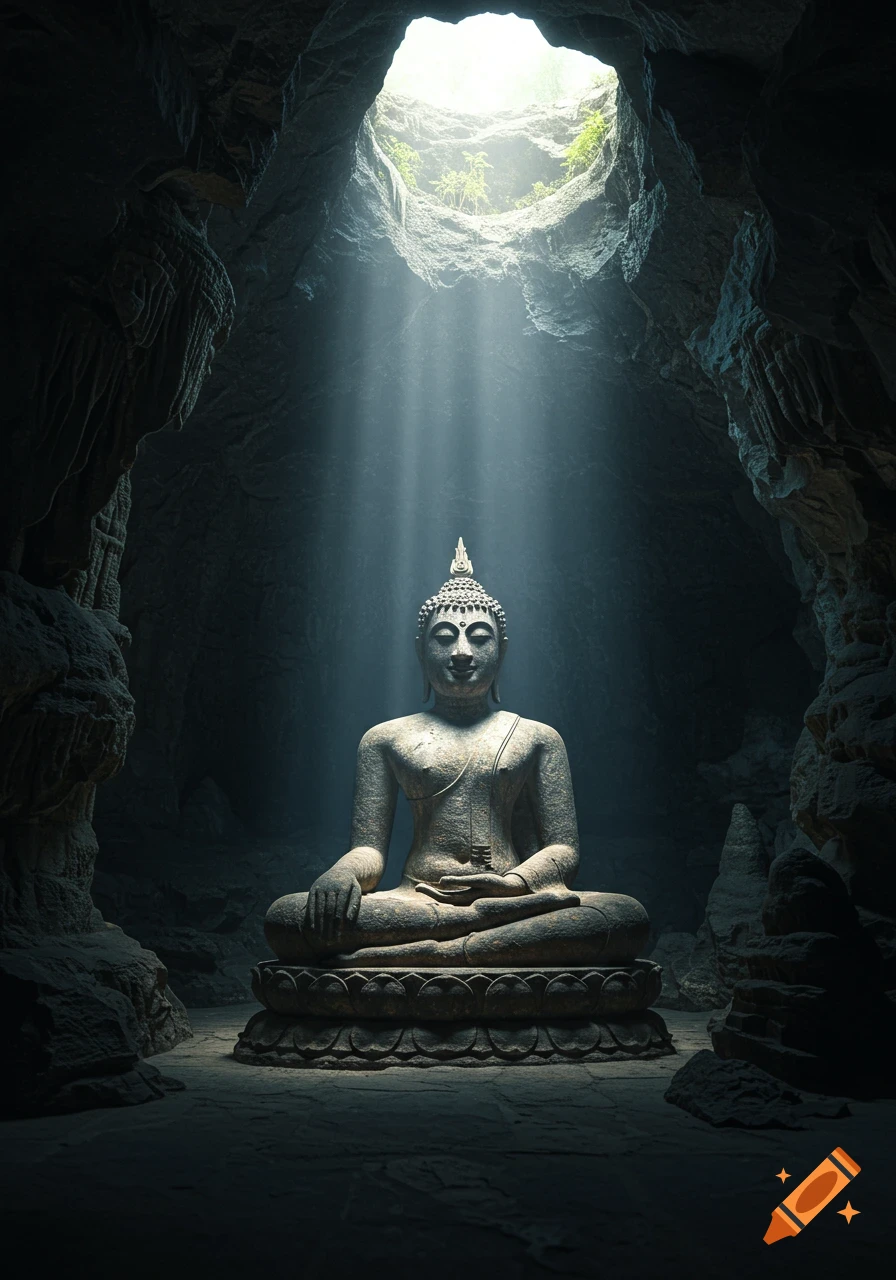 A serene stone Buddha statue sits in a dark cave, illuminated by a dramatic ray of light from an opening above.