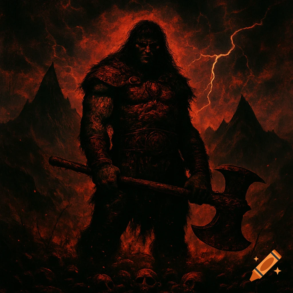 A hulking barbarian warrior with long hair stands in a fiery, mountainous landscape under a lightning-filled sky, holding a large double-bladed axe, with skulls at his feet in a dark, stylized art style.