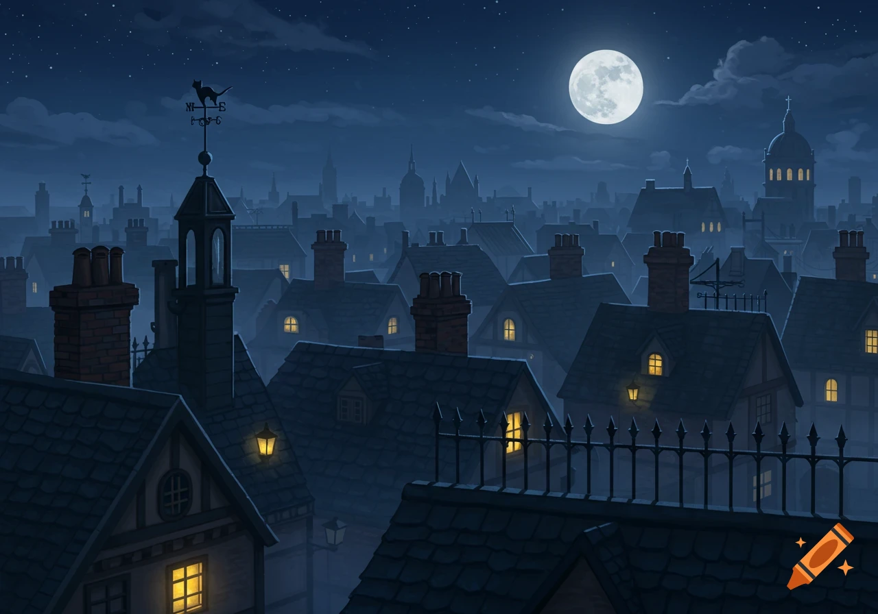 An illustrative night scene over Victorian-style rooftops in a city, with a full moon and glowing windows.