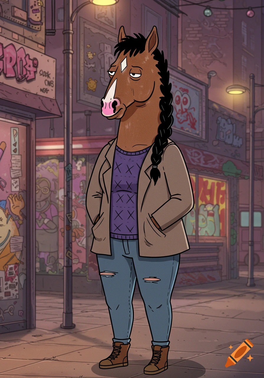 Bojack Horseman-style anthropomorphic horse woman with braided hair, purple sweater, and brown jacket standing in a city street.
