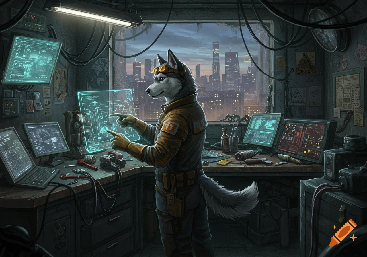 An anthropomorphic husky engineer with goggles inspects a glowing holographic blueprint in a cluttered, neon-lit lab with a dystopian city skyline visible through the window.
