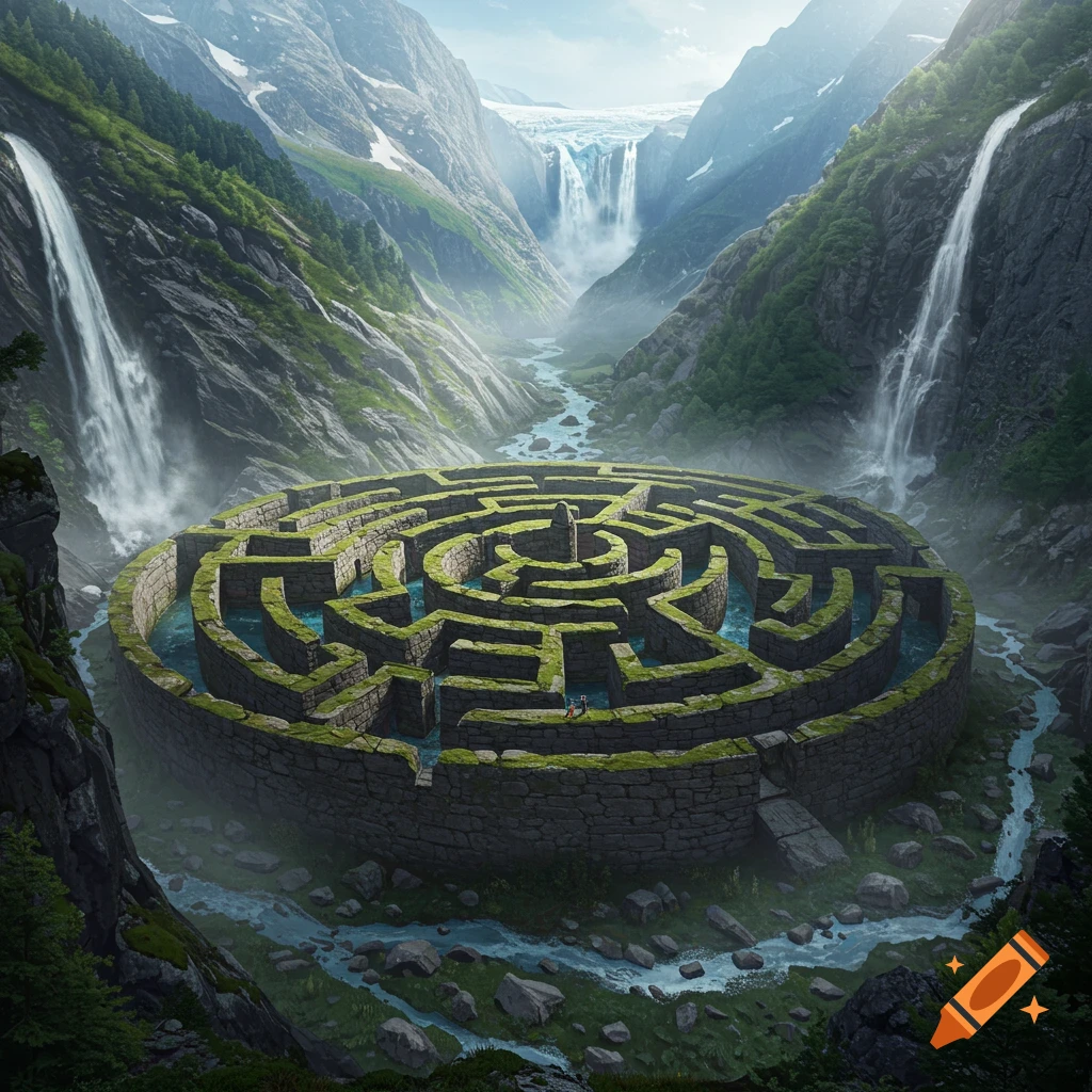 A large circular stone maze filled with water and moss sits in a lush, photorealistic mountainous valley with multiple waterfalls and a river.